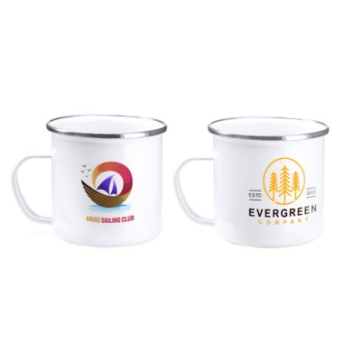 Fantástica taza metálica esmaltada con borde plateado, con capacidad de 380 ml  y recubrimiento especial para sublimación,