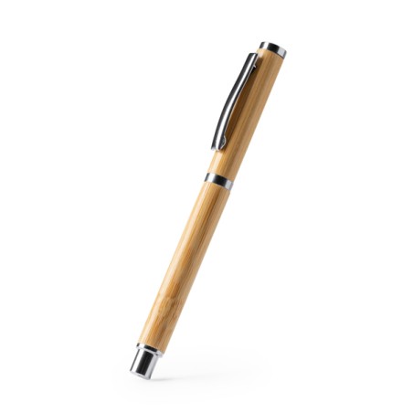 Bolígrafo tipo roller con cuerpo de bambú y detalles metalizados. Carga jumbo de tinta azul. Ferrol, Coruña, Galicia, Betanzos,